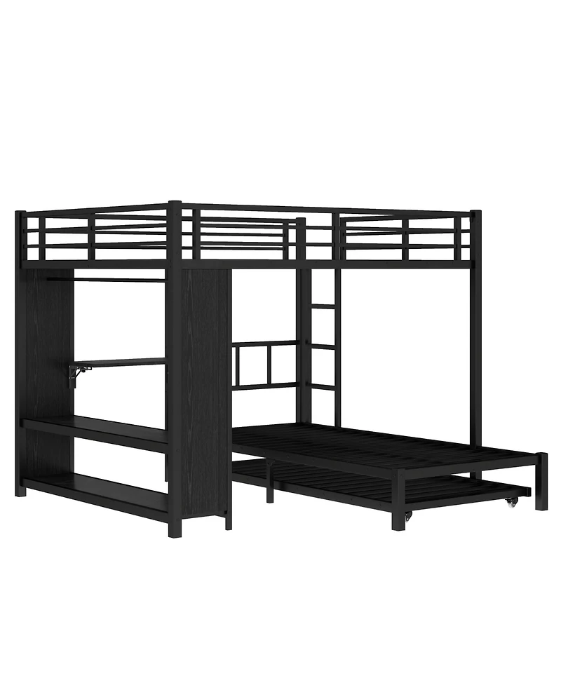 Streamdale Furniture Queen/Twin Bunk Bed with Wardrobe, Trundle, Desk, Ladders