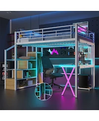 Streamdale Furniture Metal Loft Bed with Work Station, Wardrobe & Storage Staircase, White