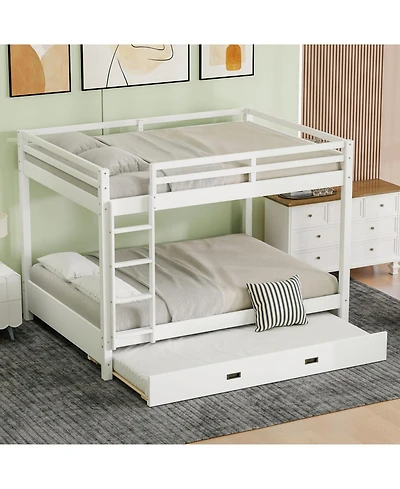 Streamdale Furniture Wood Queen Size Bunk Bed with Ladder and Trundle, White