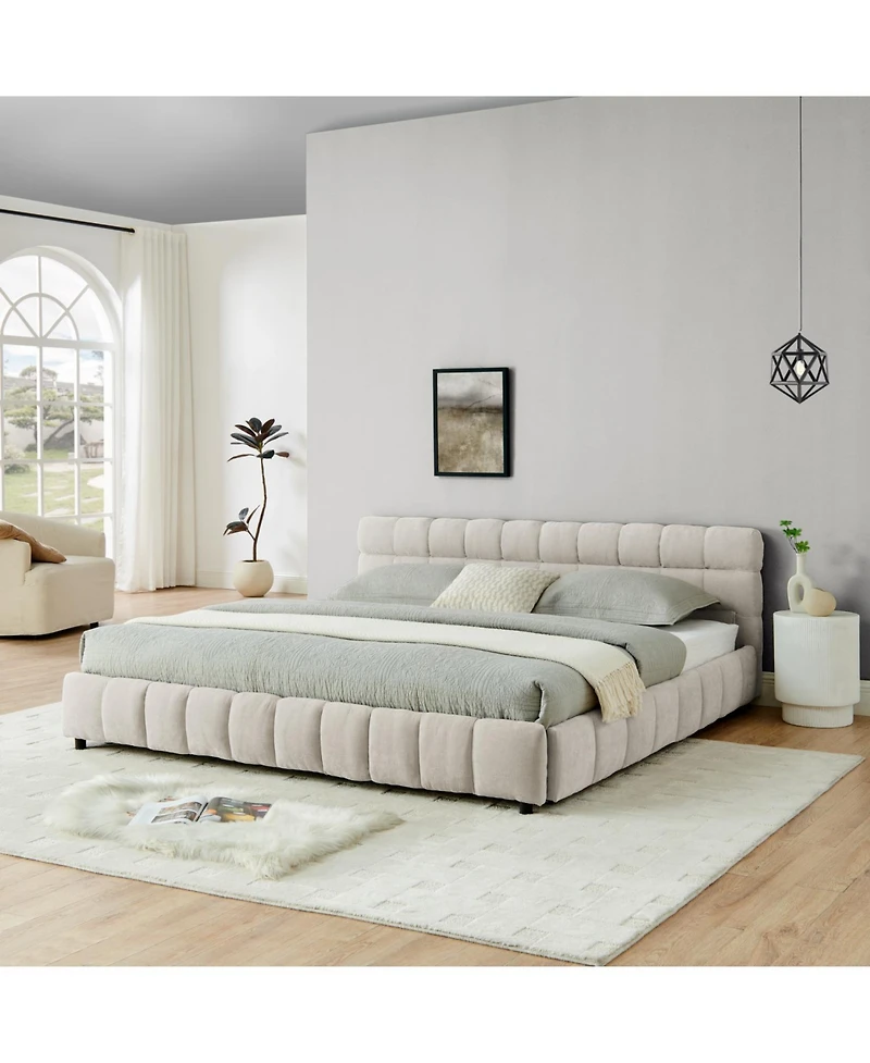 Streamdale Furniture King Beige Chenille Upholstered Bed Frame with Storage Drawer (88.5")