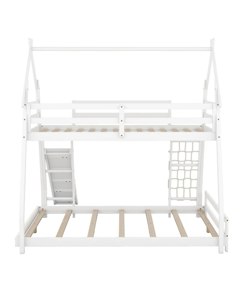 Streamdale Furniture Twin over Queen House Bunk Bed with Climbing Nets and Climbing Ramp, White