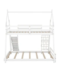 Streamdale Furniture Twin over Queen House Bunk Bed with Climbing Nets and Climbing Ramp, White