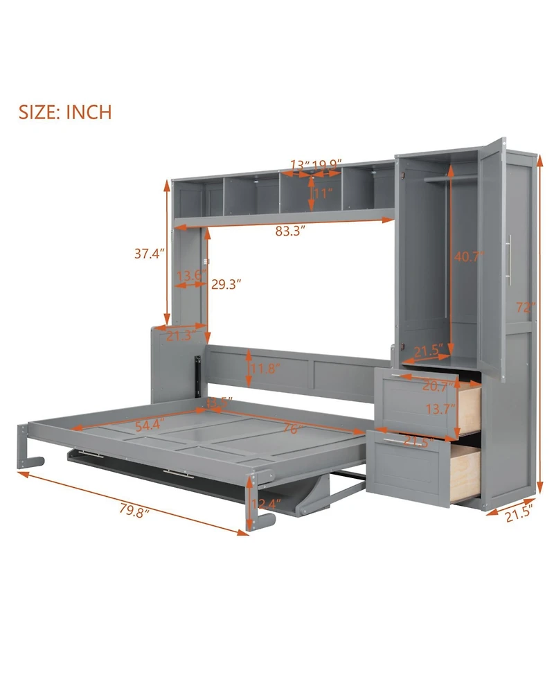 Streamdale FurnitureFull Size Murphy Bed Wall Bed with Closet and Drawers,Gray