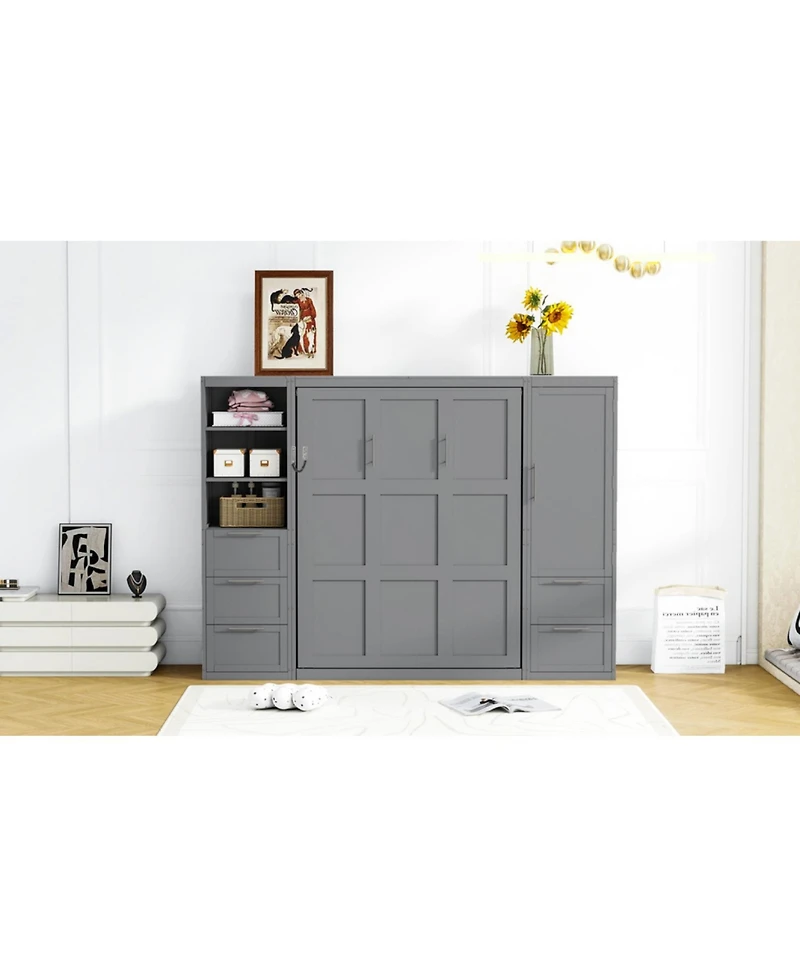 Streamdale Furniture Queen Murphy Bed with Closet, Drawers & Shelves - Gray