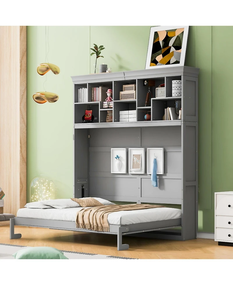 Streamdale Furniture Queen Size Murphy Bed Wall Bed with Top Shelves & Usb,Gray