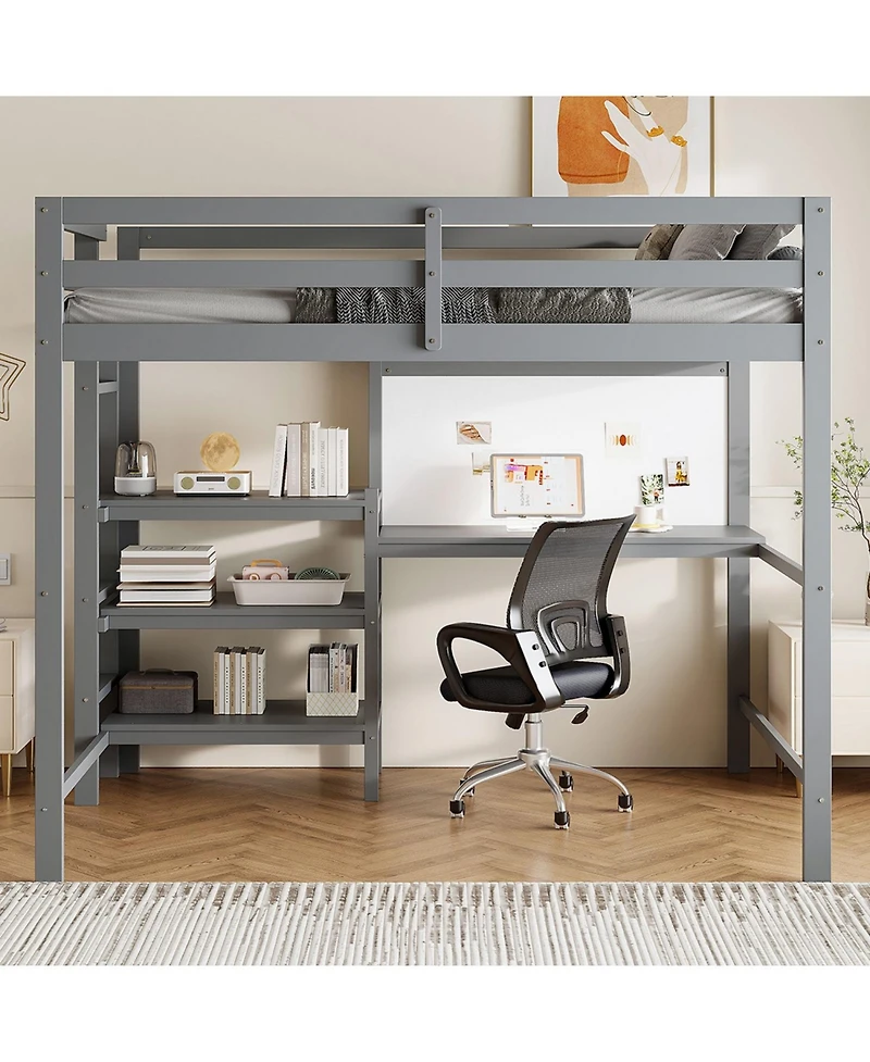Streamdale Furniture Twin Loft Bed with Shelves, Desk & Board - Gray