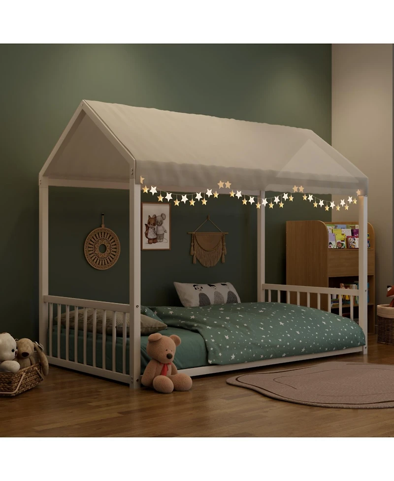 Streamdale Furniture Streamdale Twin Montessori Metal Floor Bed Frame, House Bed, Safety Rails, Easy Assemble, Black