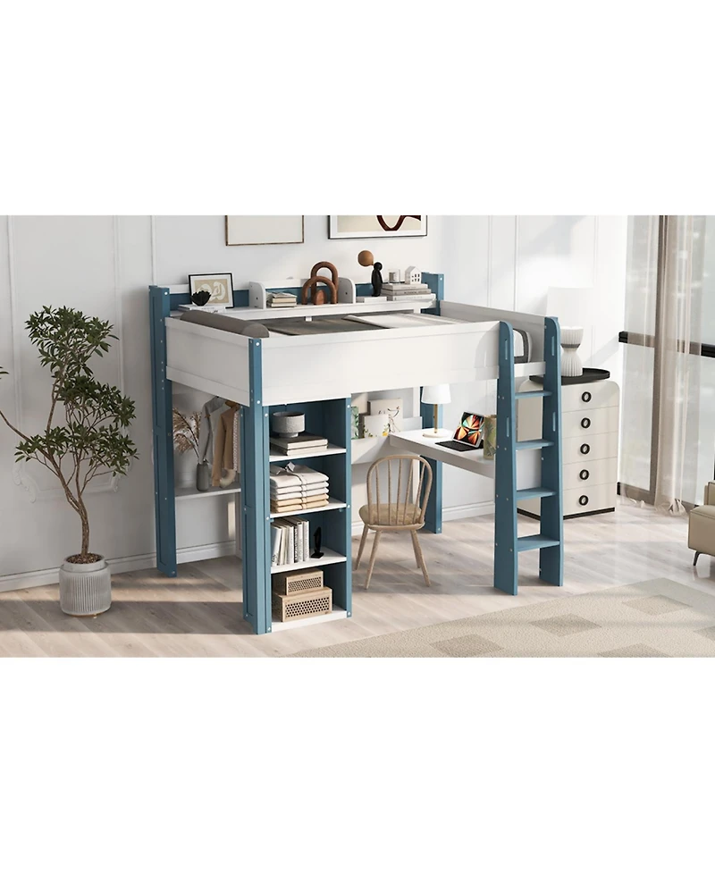 Streamdale Furniture Wood Loft Bed w/ Storage, Shelves, Desk, Rails - White/Blue