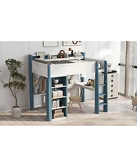Streamdale Furniture Wood Loft Bed w/ Storage, Shelves, Desk, Rails - White/Blue