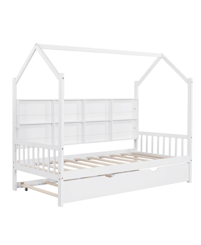 Streamdale Furniture Wooden Twin House Bed with Trundle & Shelf
