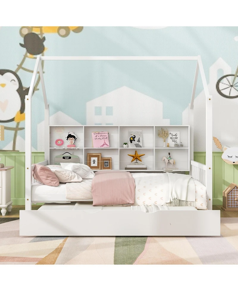 Streamdale Furniture Wooden Full Size House Bed with Trundle & Shelf - White