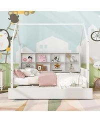 Streamdale Furniture Wooden Full Size House Bed with Trundle & Shelf - White