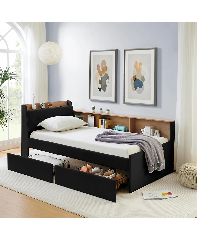 Streamdale Furniture Twin Velvet Daybed- Storage Headboard, Wireless Charging, Led