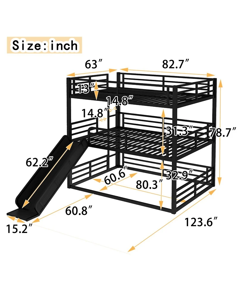 Streamdale Furniture Triple Bunk Bed with Slide, Metal, Heavy-Duty