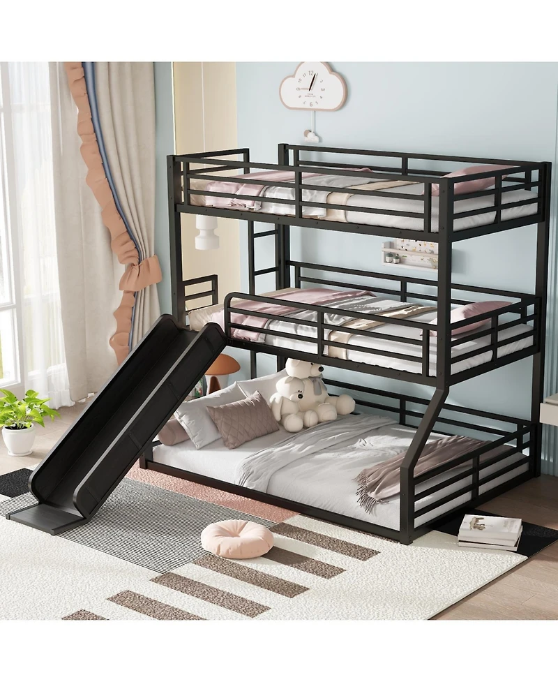 Streamdale Furniture Triple Bunk Bed with Slide, Metal, Black