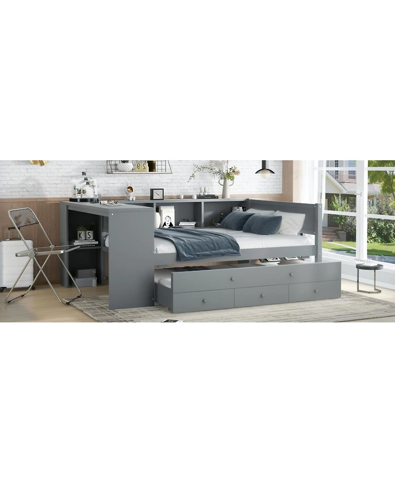 Streamdale Furniture Gray Daybed with Trundle, Storage, Desk & Shelves