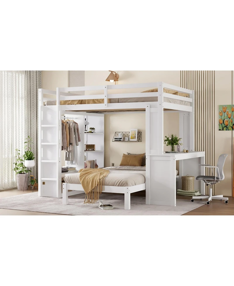 Streamdale Furniture Queen over Twin Bunk Bed with Desk, Shelves & Wardrobe - White