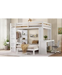 Streamdale Furniture Queen over Twin Bunk Bed with Desk, Shelves & Wardrobe - White