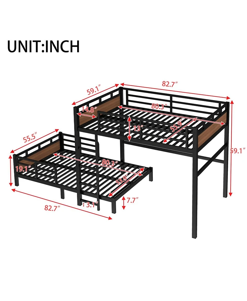 Streamdale Furniture Full Xl Bunk Bed/Loft Bed, Separable, Security Rail, Walnut