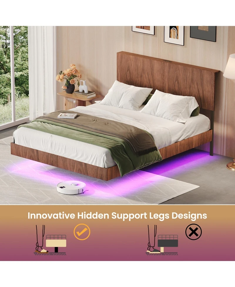 Streamdale Furniture Walnut Queen Bed with Charging, Led, Wavy Headboard - No Box Spring