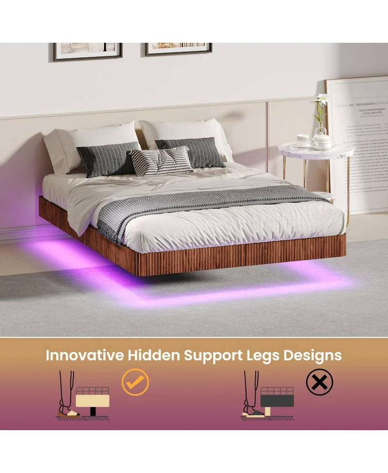 Streamdale Furniture Walnut Queen Bed Frame with Led Lights, Wave Texture, Metal Slats