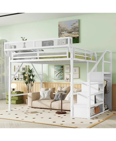 Streamdale Furniture Queen Loft Bed with Stairs, Metal, Storage, Wardrobe