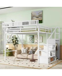Streamdale Furniture Queen Loft Bed with Stairs, Metal, Storage, Wardrobe