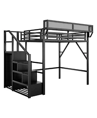 Streamdale Furniture Full Size Metal Loft Bed with Stairs, Storage & Wardrobe - Black
