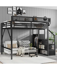 Streamdale Furniture Streamdale Queen Loft Bed with Stairs, Metal Frame, Storage Shelves & Wardrobe