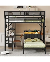 Streamdale Furniture Full/Twin Metal Bunk Bed w/ Desk, Shelves, Led & Charge