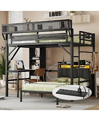 Streamdale Furniture Full/Twin Metal Bunk Bed w/ Desk, Shelves, Led & Charge