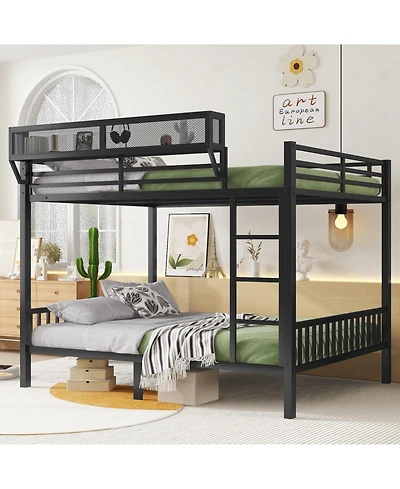 Streamdale Furniture Queen Over Queen Metal Bunk Bed w/ Ladder & Shelf, Black