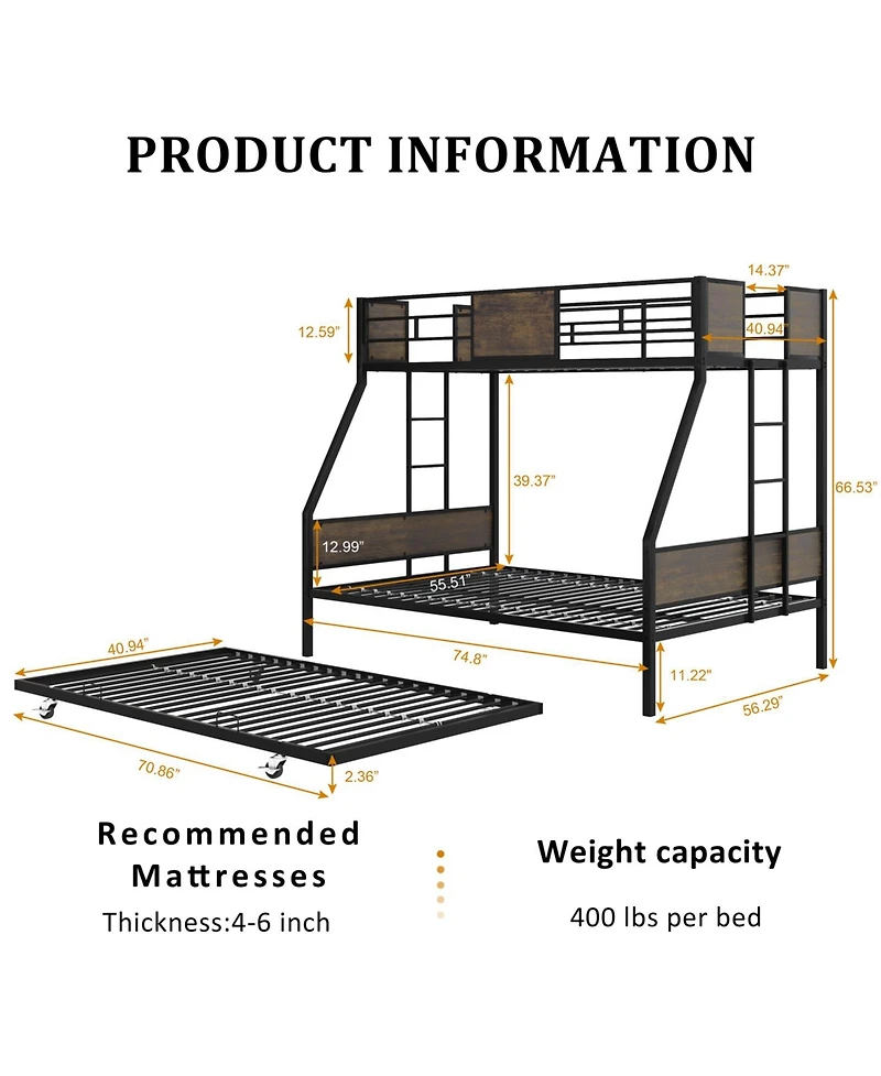 Streamdale Furniture Twin Over Full Bunk Bed with Trundle & Ladders