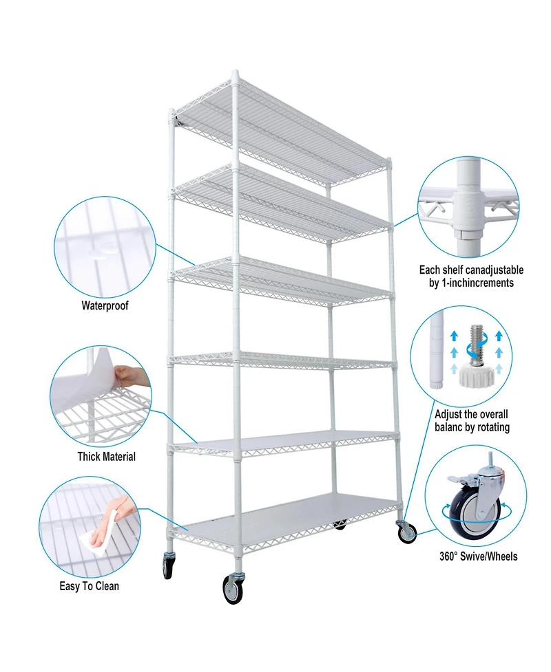 Streamdale Furniture 6-Tier Heavy Duty Metal Shelving Unit w/ Wheels & Liners - 84"H x 48"L x 20"D