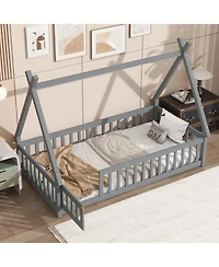 Streamdale Furniture Twin Tent-shaped Floor Bed,Teepee Bed with Guardrails,Slats and Door