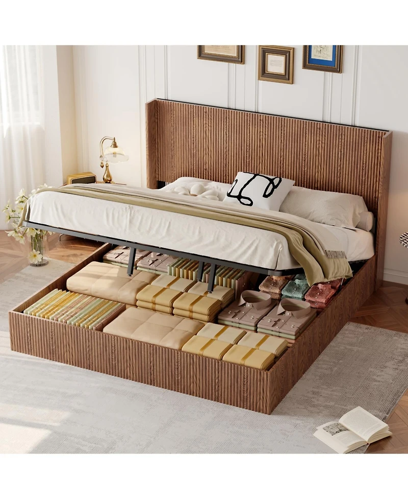 Streamdale Furniture Large grooved undulating lift storage bed frame, rustic brown (King)