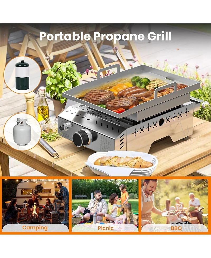 Cowsar Portable Propane Griddle, 8000BTU Tabletop Portable Propane Gas Grill with One Burner, Stainless Steel Flat Top Grill, Outdoor Cooking