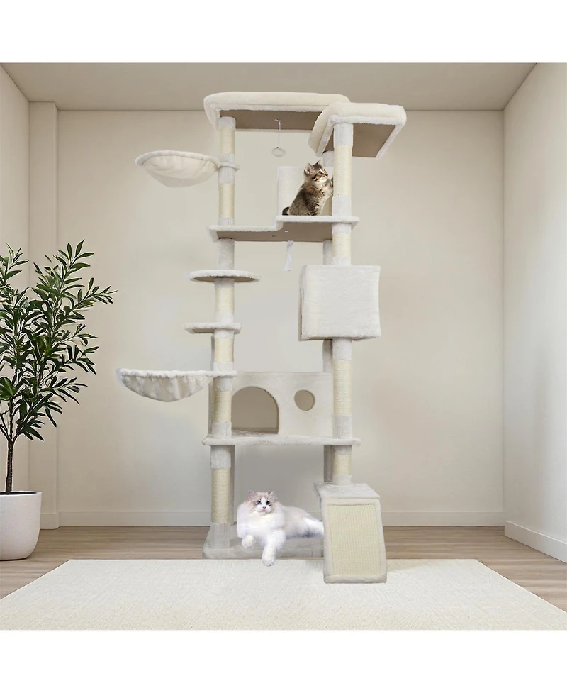 Aostirmotor 84" Beige Cat Tree Tower with Large Condo, Sisal Scratching Post & Hammock