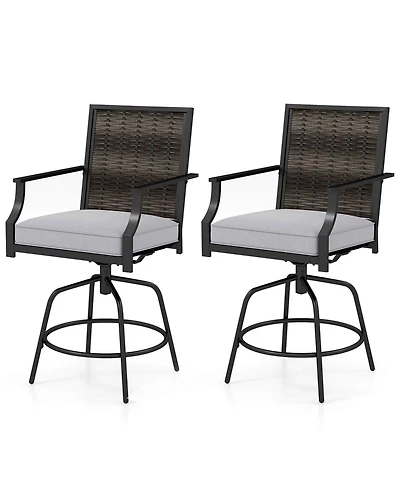 Costway Outdoor Pe Wicker Swivel Bar Stools with Back Armrests Cushion