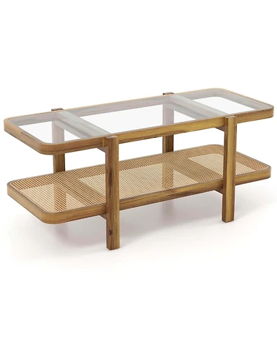 Costway 2-Tier Rustic Coffee Table with Storage Tempered Glass Tabletop Pe Rattan Shelf