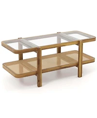 Costway 2-Tier Rustic Coffee Table with Storage Tempered Glass Tabletop Pe Rattan Shelf