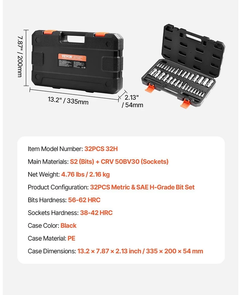 Sugfit 32-Piece Hex Bit Socket Set with Sae/Metric Sizes & Durable Storage Case