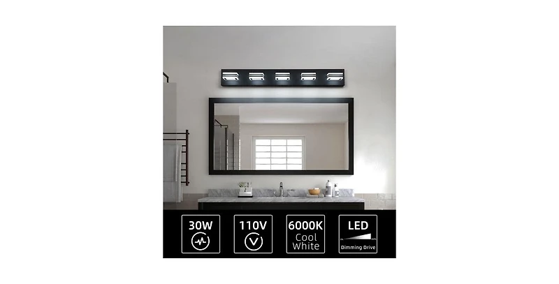 Flynama Led Modern Black Vanity Lights, 5-Lights Acrylic Matte Black Bathroom Vanity Lights Over Mirror