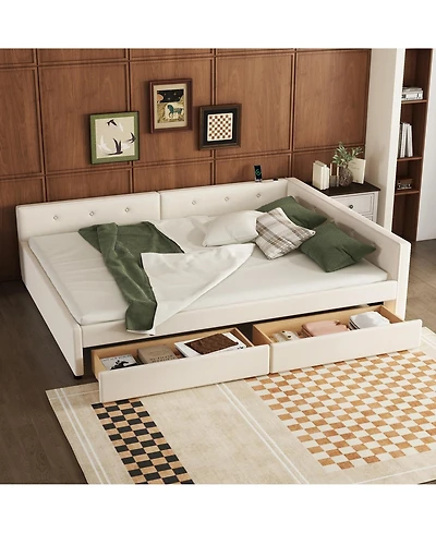 Lovmor Queen Size Upholstered Platform Bed with Usb and 2 Drawers Beige