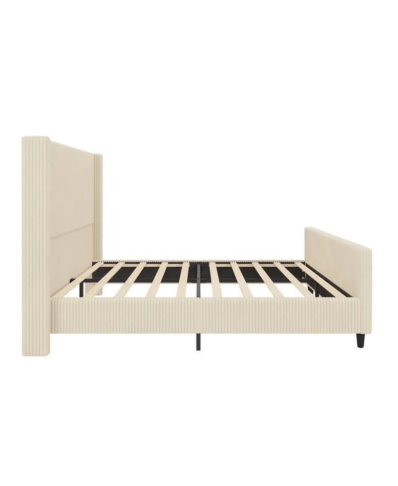 Lovmor High Headboard Corduroy Upholstered Bed Frame with Vertical Stripe Wingback and High Footboard No Box Spring Needed Queen Size Cream