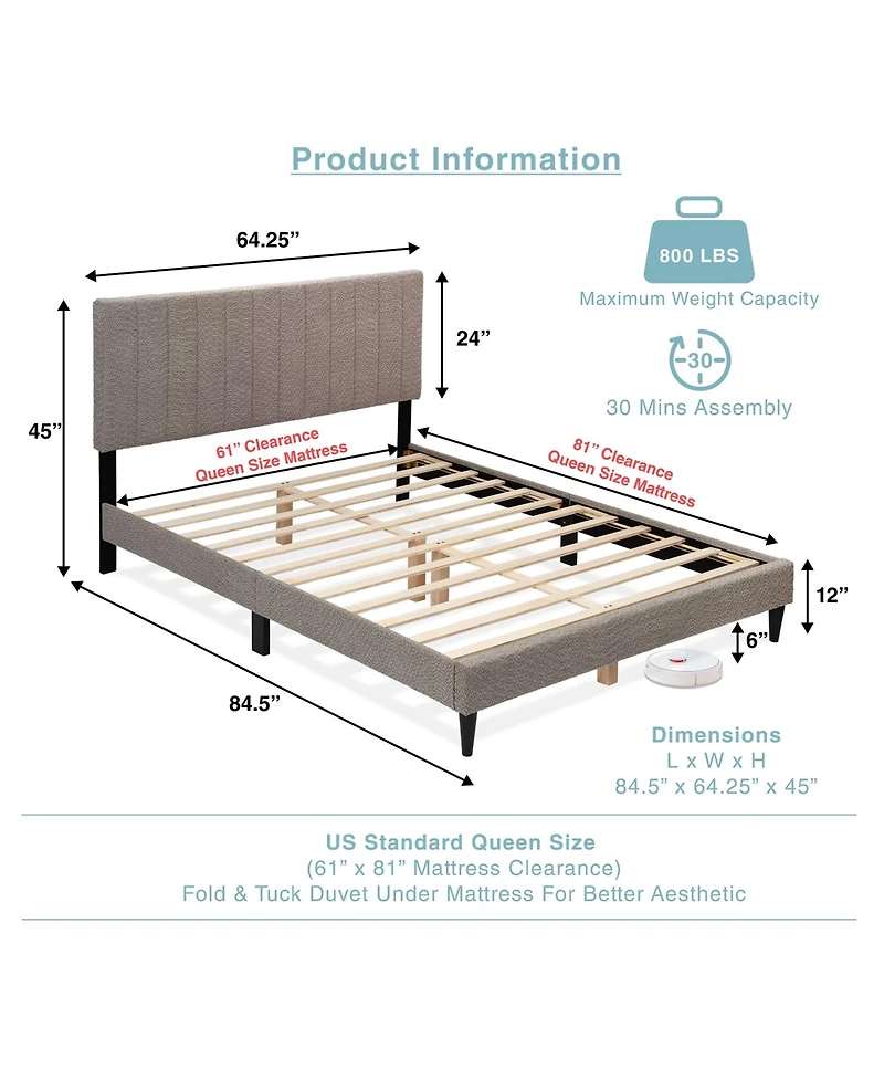 Lovmor Gray Upholstered Queen Platform Bed Frame Tufted Channel Headboard Mid-Century Bedroom Furniture No Box Spring Required
