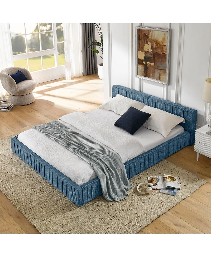 Lovmor Queen Size Upholstered Bed Frame with Chenille fabric Grounded Queen Size Platform Bed with Headboard and Solid Frame No Box Spring Needed-Blue