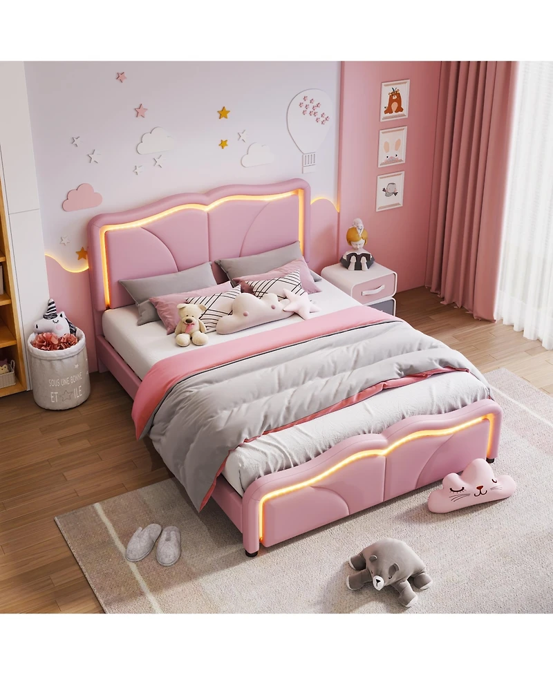Lovmor Full Size Upholstered Platform Bed with Curve Shaped and Height-adjustbale Headboard Led Light Strips Pink