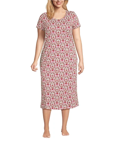 Lands' End Women's Plus Cotton Short Sleeve Midcalf Nightgown