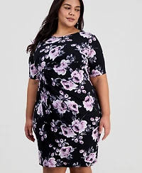 Connected Plus Floral Twist-Front Elbow-Sleeve Dress